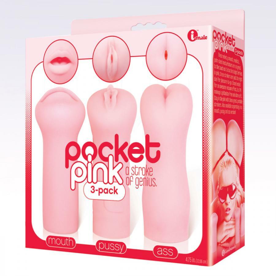 Icon Brands Pocket Pink Masturbator Trio 3pk – Mouth Pussy Ass Strokers for Men