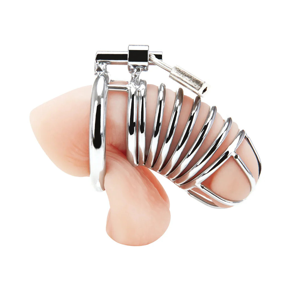Electric Blue Line Deluxe Chastity Cage Silver