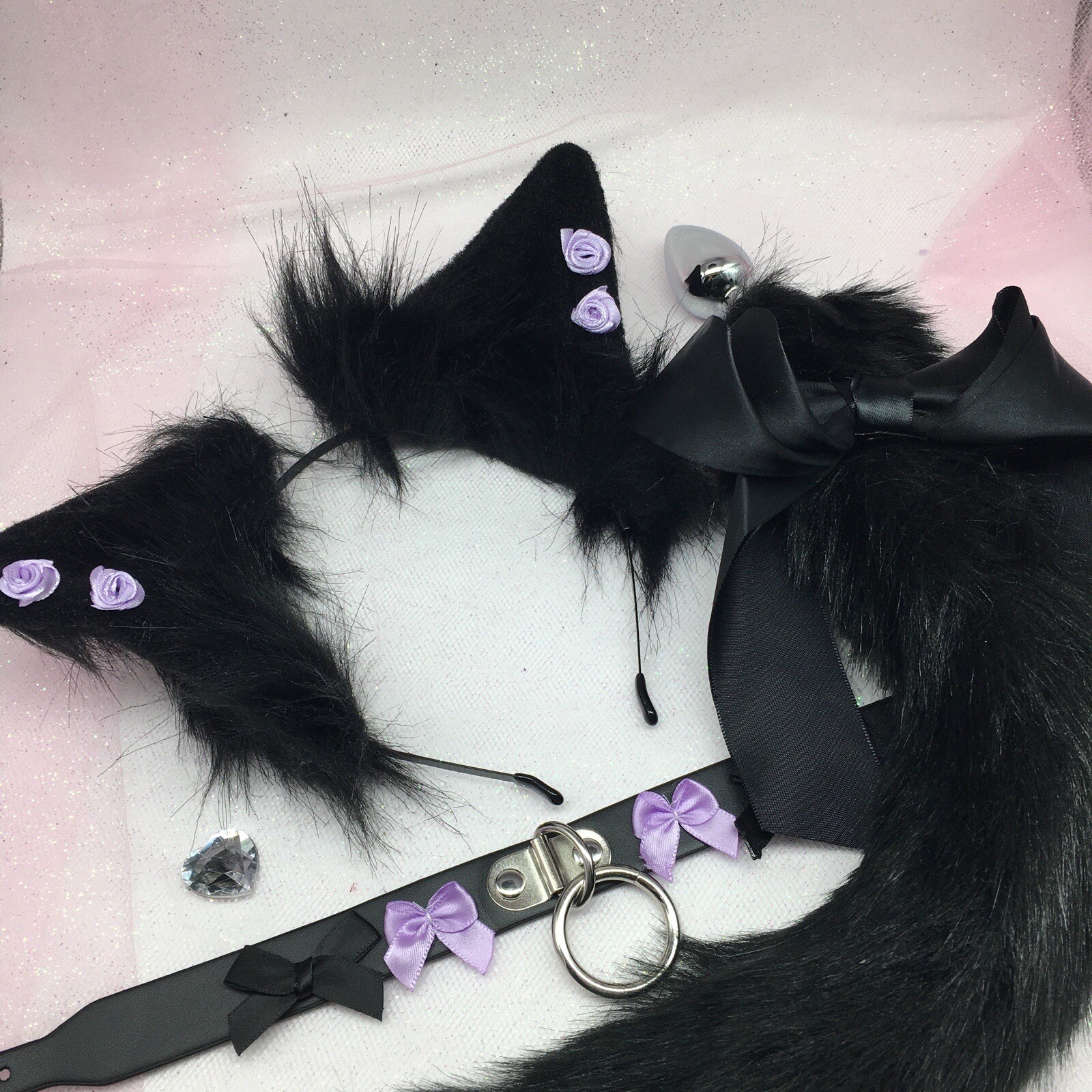 Black Kitten Cat Set BDSM DDLG PetPlay Tail Ears Collar Butt Anal Plug Pet Play