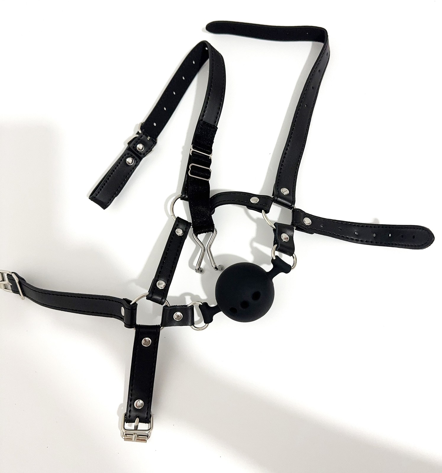 Silicone Open Mouth Ball Gag Lockable 3-Holes PU Leather Head Harness Nose Hook