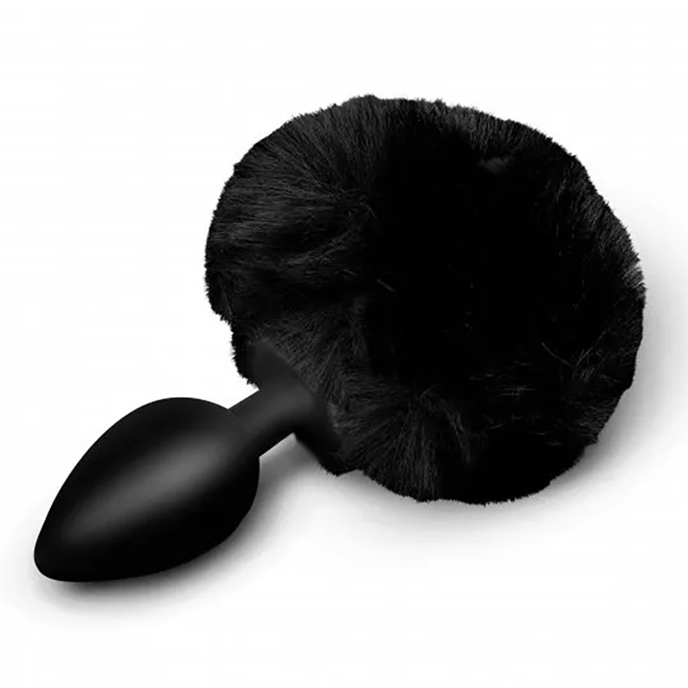 Small Bunny Tail Black Silicone Anal Butt Plug & Black Furry Faux Fur 2.3 inch