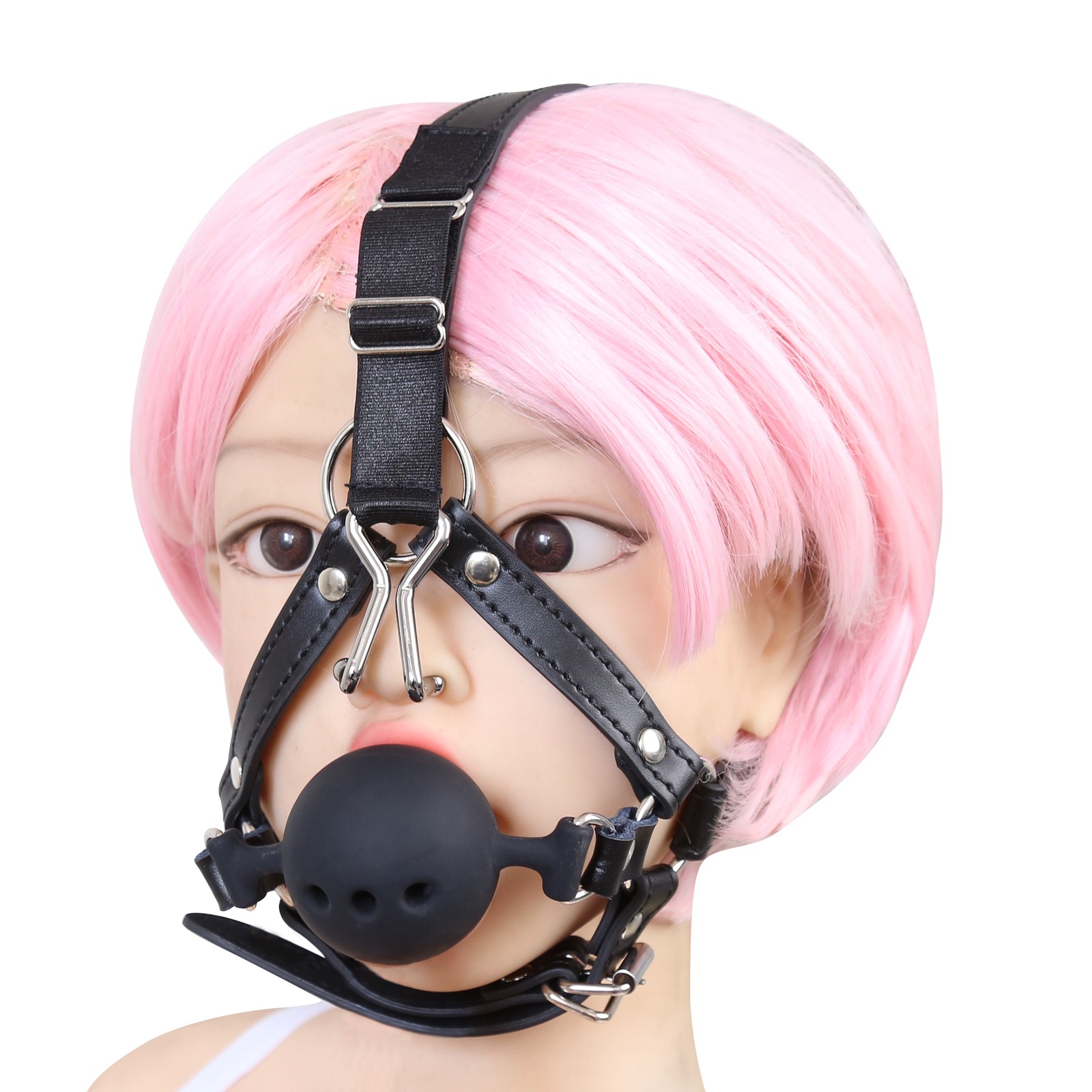 Silicone Open Mouth Ball Gag Lockable 3-Holes PU Leather Head Harness Nose Hook