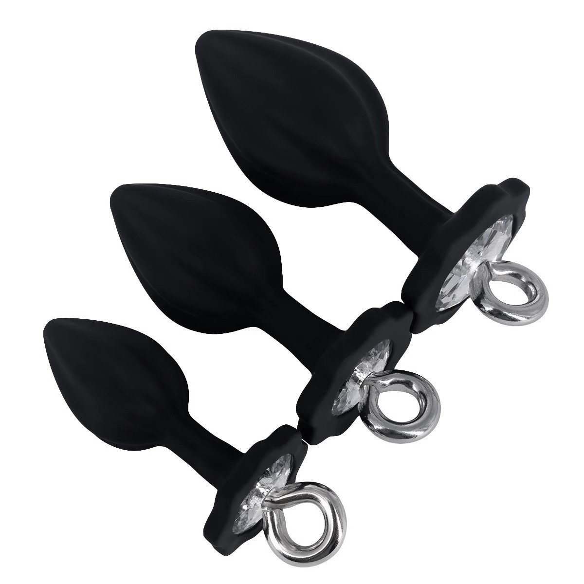 3 Piece Jeweled Black Silicone Butt Plug with Ring Leash Rope Anal Training Kit