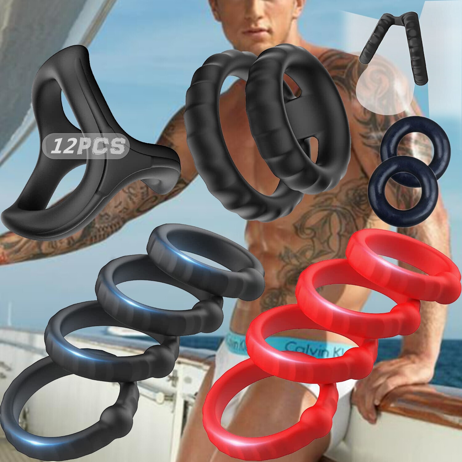 12PCS Cockring Set Silicone Erection Penis Ball Rings Adjustable Sex Toy For Men