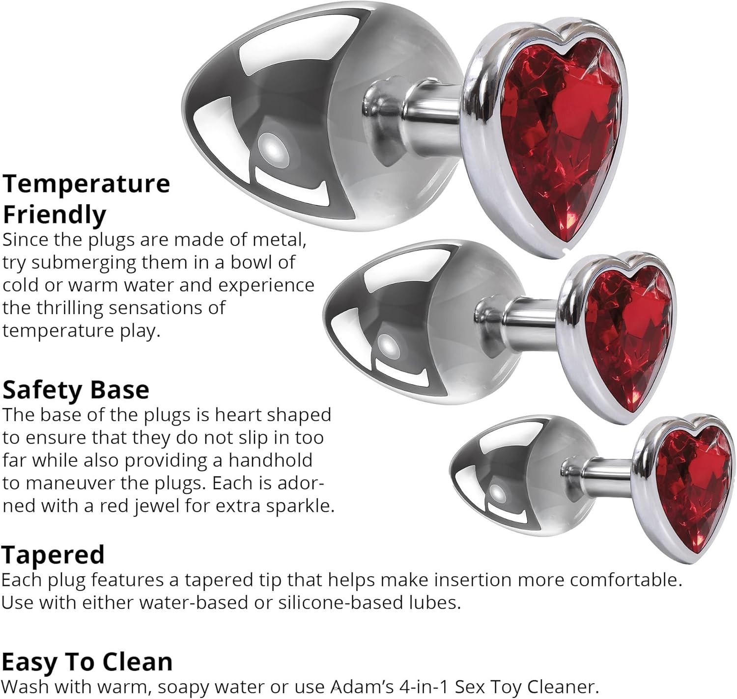 Three Hearts Gem Anal Plug Set Polished Aluminum Butt Plugs Small Medium Large