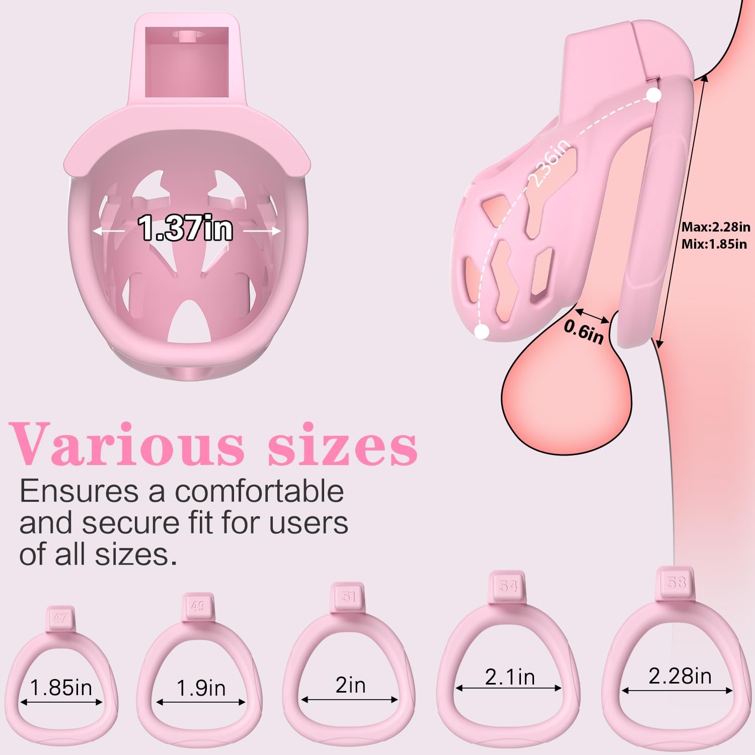 Male Chastity Cage, Small Devices with 5 Sizes Rings and Small, Pink