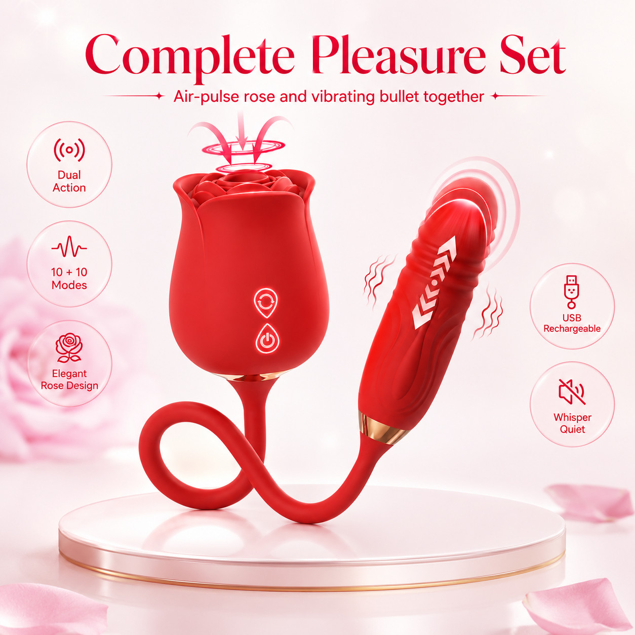 Red Rose Clit Suction Vibrator Dual Stimulator Bullet USB Rechargeable
