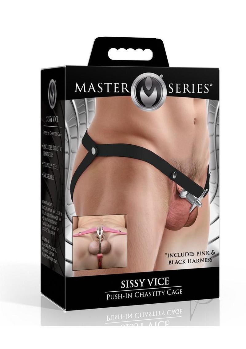 Master Series Sissy Vice Push-In Chastity Cage – Silver/Black