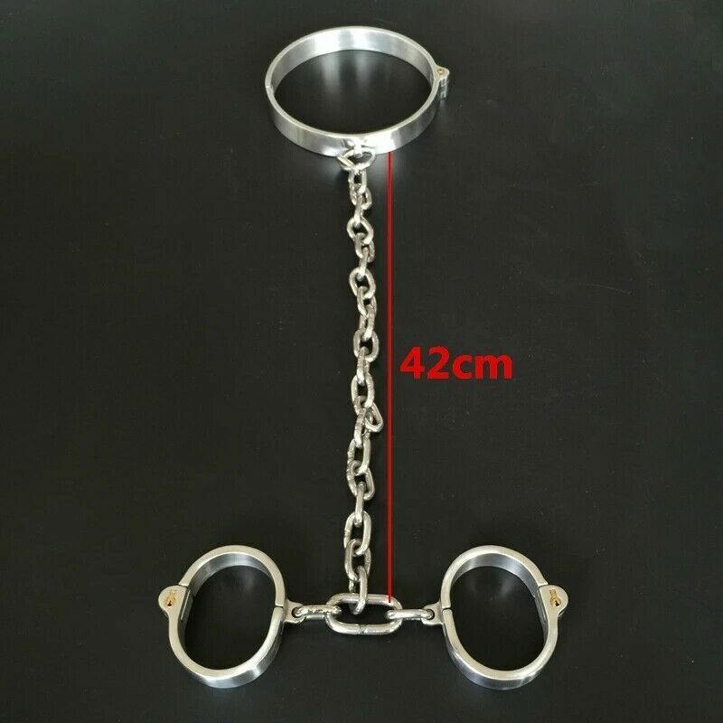 Stainless Steel Neck Collar to Wrist Handcuffs Shackle Manacle Bondage