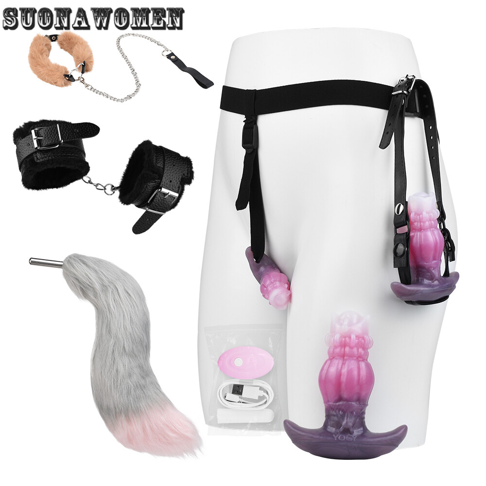 Silicone Anal Plug Vibrating Dildo With Belt Tail Erotic Vibrator Handcuffs Toys