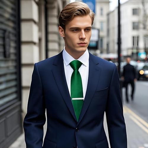 Skinny Ties for Men Satin 2.4″ Slim Necktie with Pocket Square Emerald Green