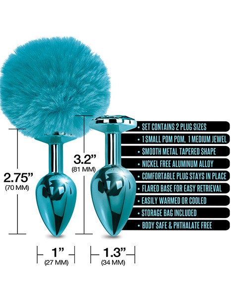Nixie Metal Butt Plug Set w/Jewel Inlaid & Pom Pom – Blue Metallic