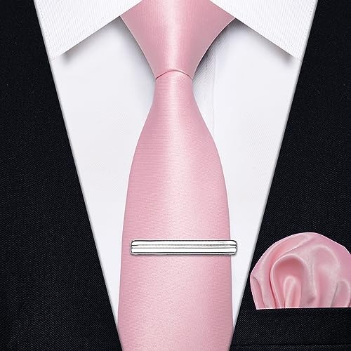 Skinny Ties for Men Satin 2.4″ Slim Necktie with Pocket Square Tie Clip Pink