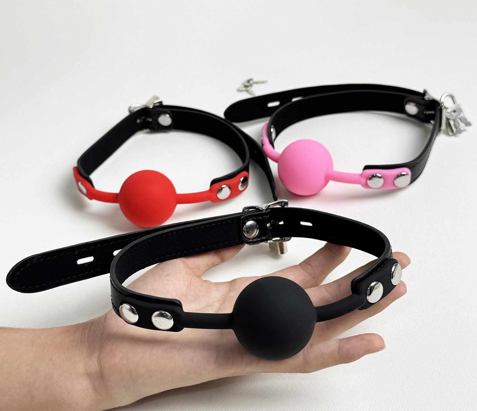 Silicone Open Mouth Ball Gag Lockable 3-Holes PU Leather Head Harness Nose Hook