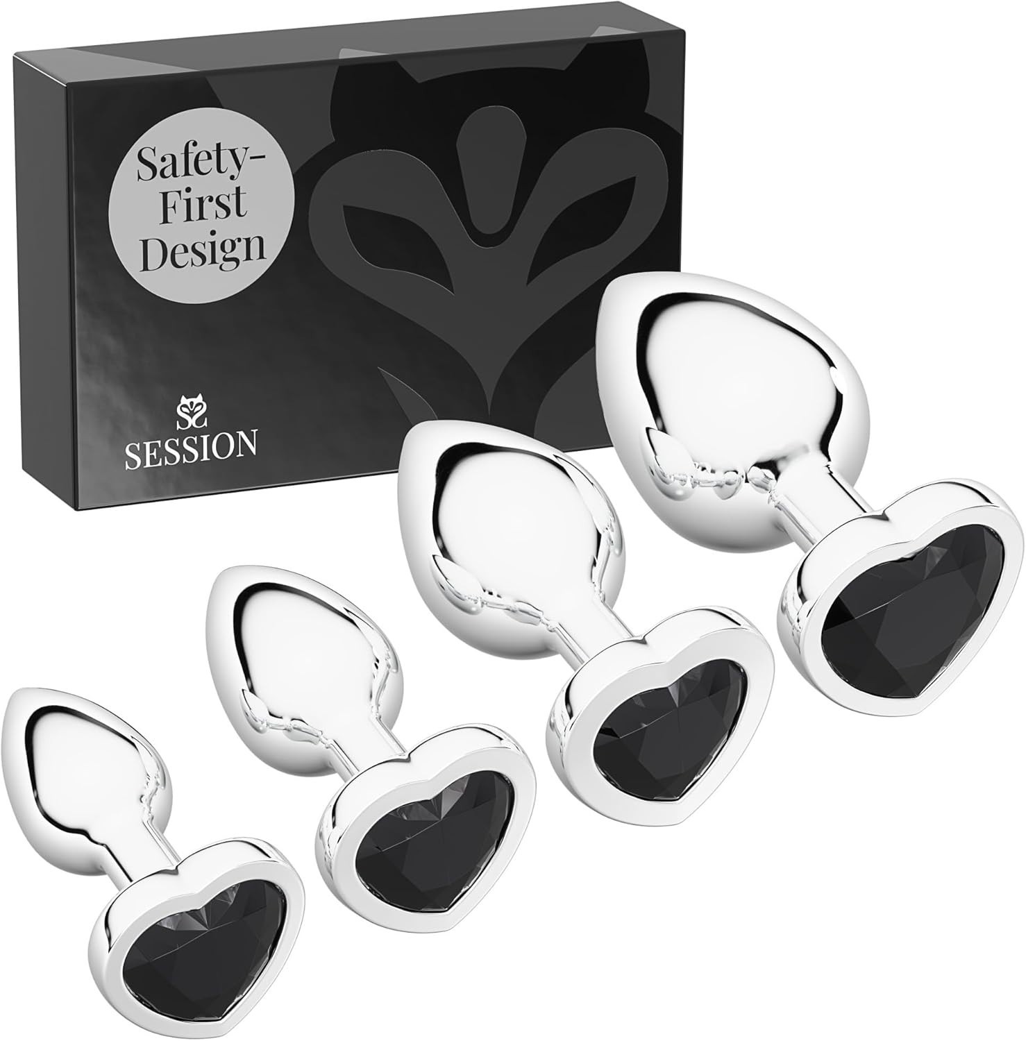 Session 4-Piece Metal Butt Plug Set Silver Black Heart Jewel Charm Beginner Kit