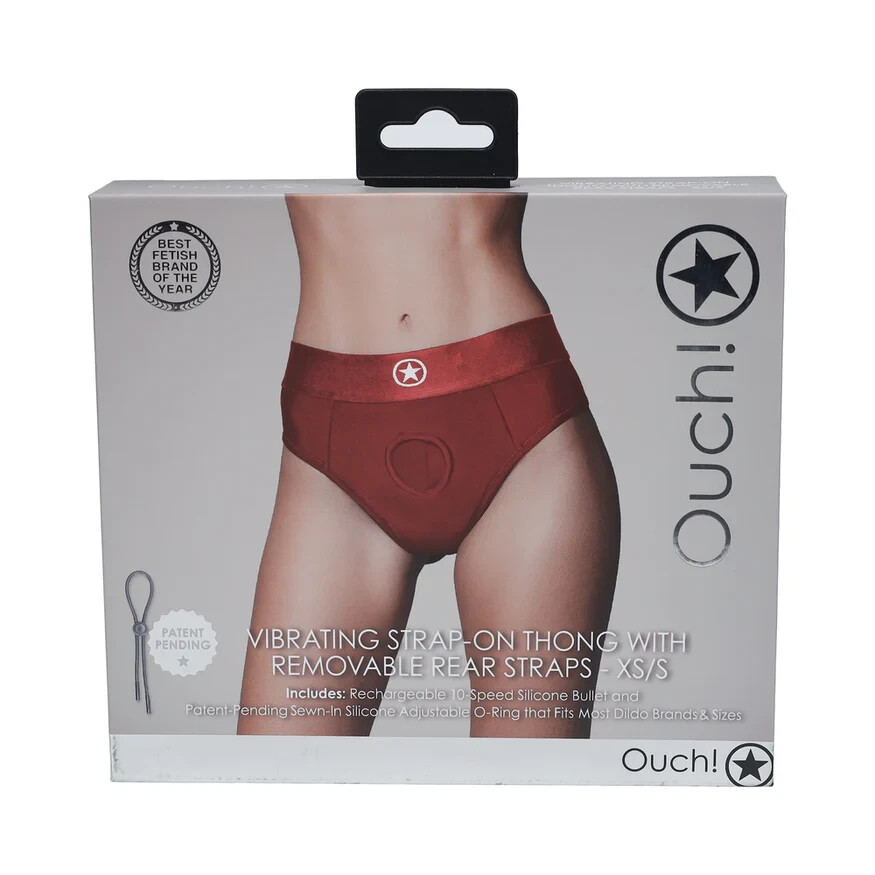 Ouch! V!brating Strap-on Thong with Removable Butt Straps Red
