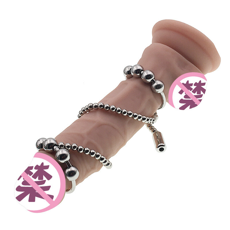 Stainless Steel Double-end Penis Ring with Chain Bead Head Cock Ring Sex Toys