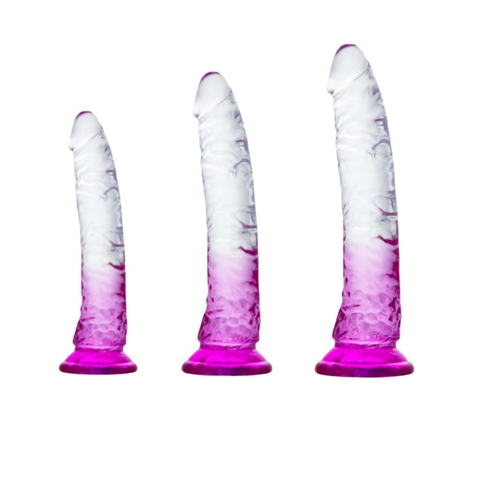 3 Piece Realistic Suction Cup Dildo with Balls Set Clear/Purple 7-9 inch