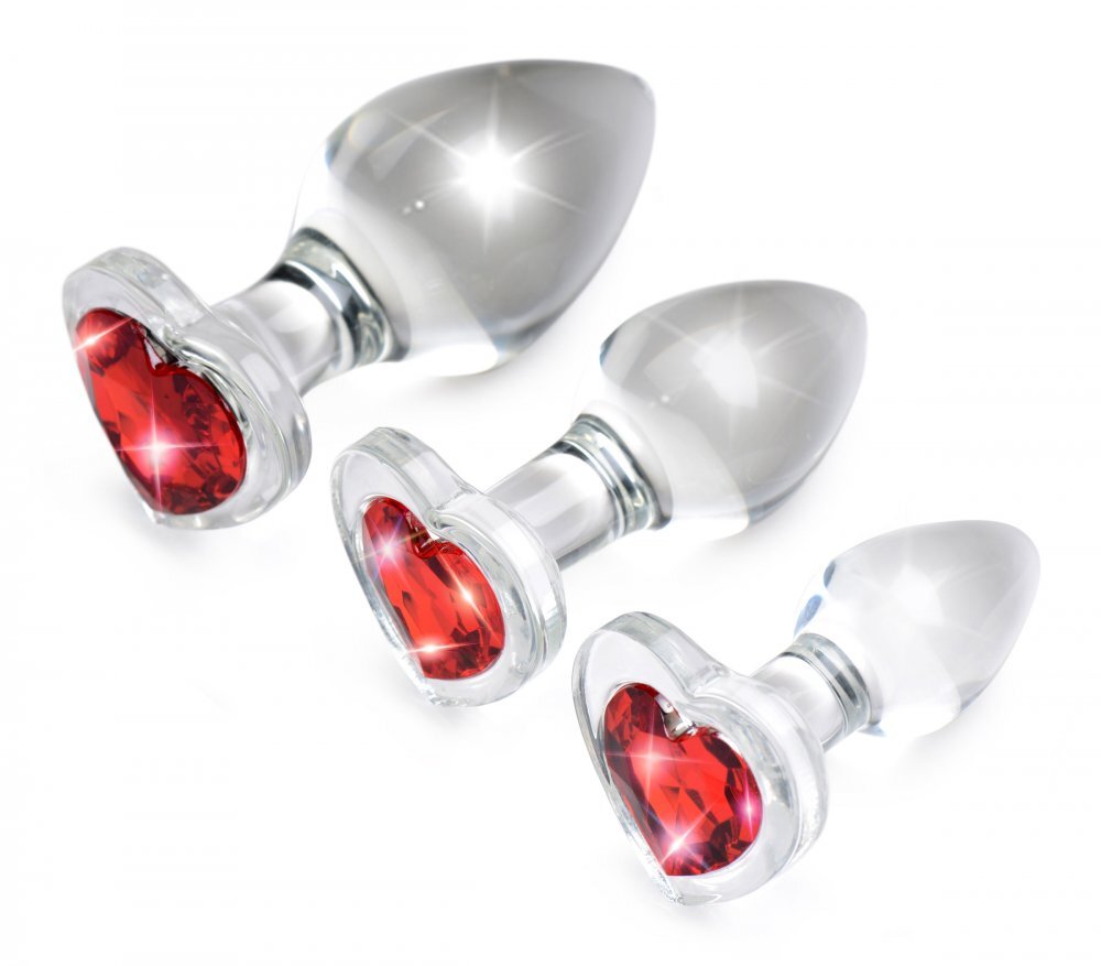 Booty Sparks Red Heart Gem Glass Anal butt plug Set 3pc Graduated Sizes Red