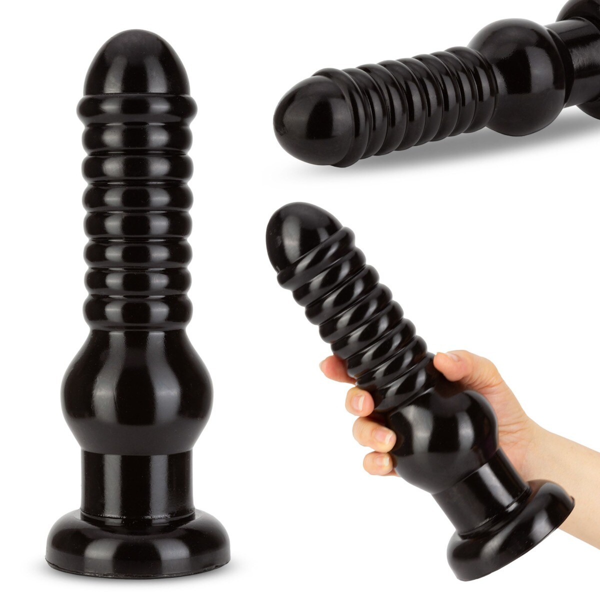 Huge 9.5″ XL Black Ribbed Anal Training Stretching Dildo Butt Plug Anal Sex Toy
